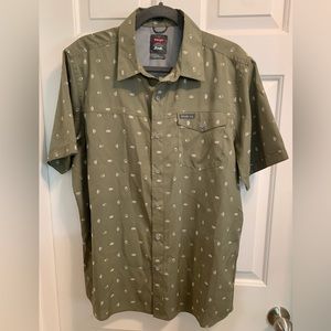 Wrangler shirt green with little tents on it .